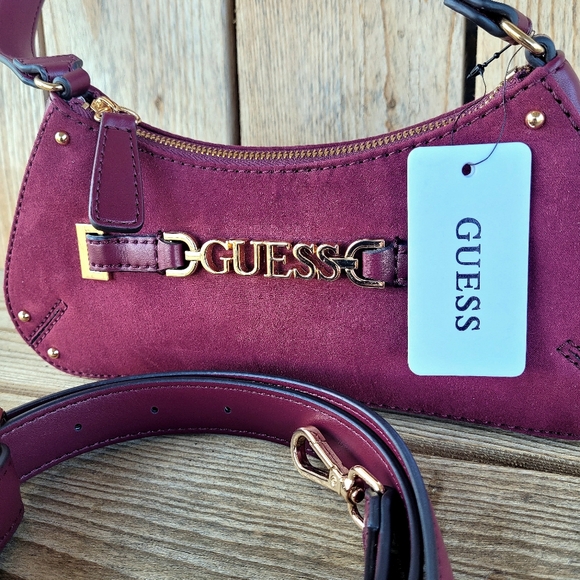 Guess Handbags - GUESS Suede Northlake Small Oxblood Tote With Crossbody Strap Handbag